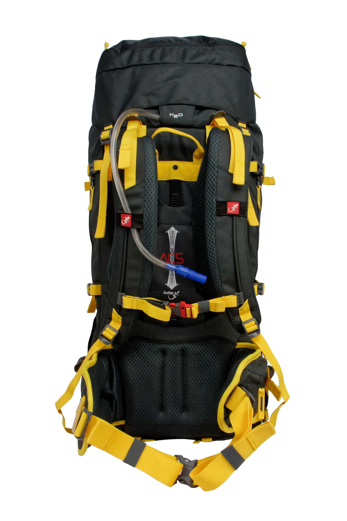 Sac de montagne Everest 80, génération 2.0, capacité 80 litres, gris foncé et sangles jaunes, traitement hydrophobe sans PFAS, vue sur dos ultra réglable ACS