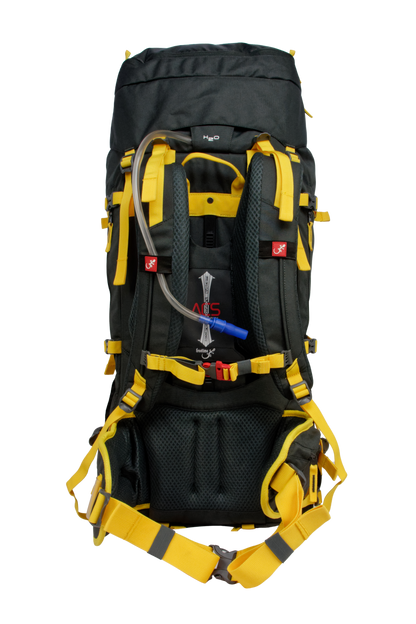 Sac de montagne Everest 80, génération 2.0, capacité 80 litres, gris foncé et sangles jaunes, traitement hydrophobe sans PFAS, vue sur dos ultra réglable ACS