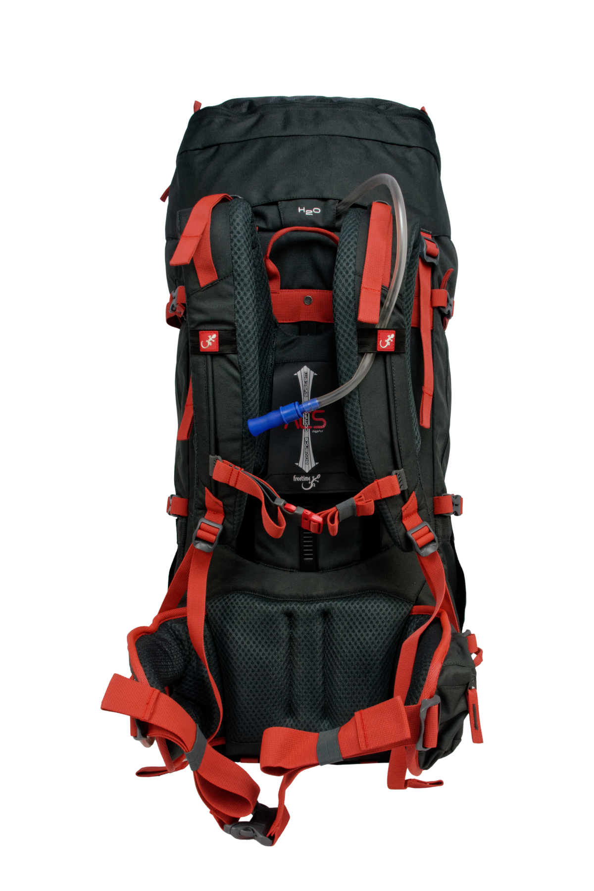 Sac de montagne Everest 80, génération 2.0, capacité 80 litres, gris foncé et sangles rouges, traitement hydrophobe sans PFAS, vue sur dos ultra réglable ACS