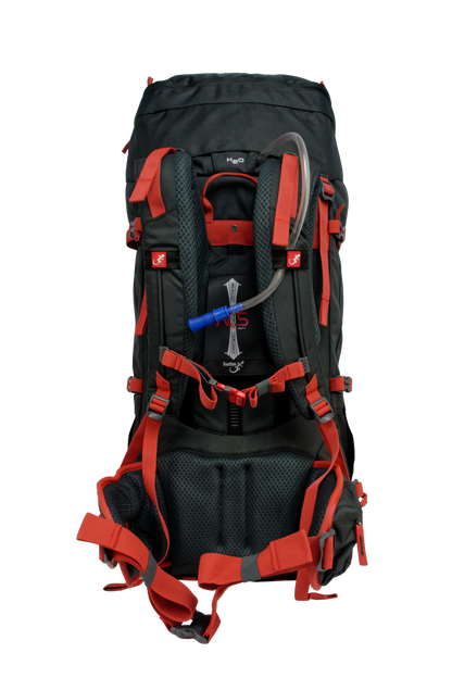 Sac de montagne Everest 80, génération 2.0, capacité 80 litres, gris foncé et sangles rouges, traitement hydrophobe sans PFAS, vue sur dos ultra réglable ACS