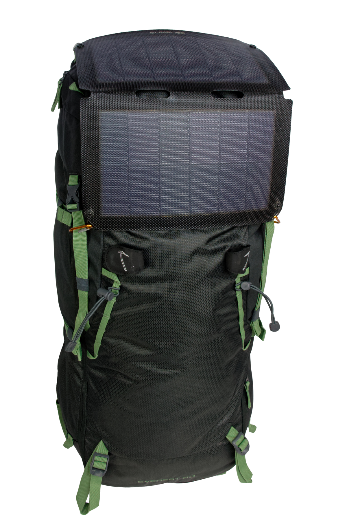 Sac de montagne Everest 80, génération 2.0, capacité 80 litres, gris foncé et sangles vertes, traitement hydrophobe sans PFAS, vue de face, avec des panneaux solaires de randonnée Sunslice® attachés sur le chapeau