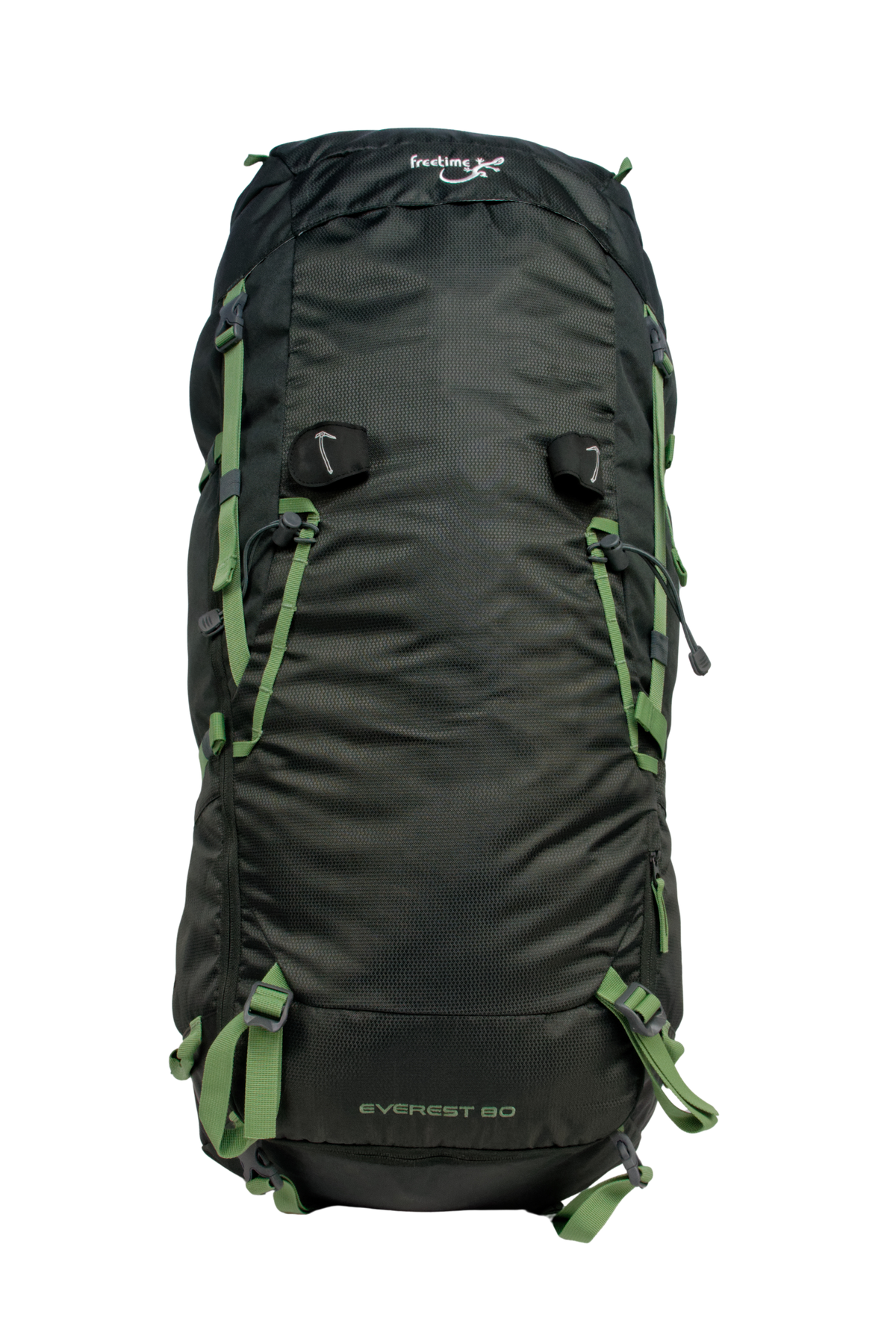 Sac de montagne Everest 80, génération 2.0, capacité 80 litres, gris foncé et sangles vertes, traitement hydrophobe sans PFAS, vue de face