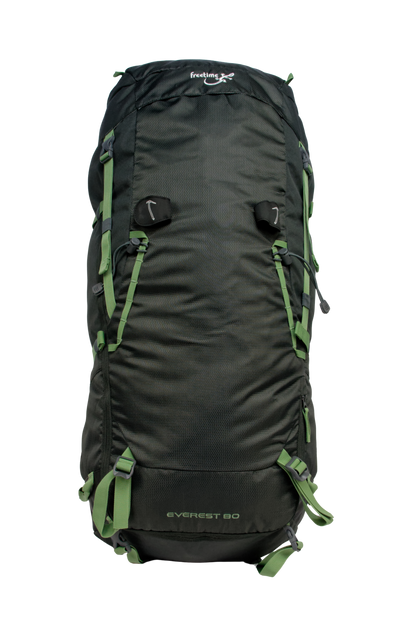 Sac de montagne Everest 80, génération 2.0, capacité 80 litres, gris foncé et sangles vertes, traitement hydrophobe sans PFAS, vue de face