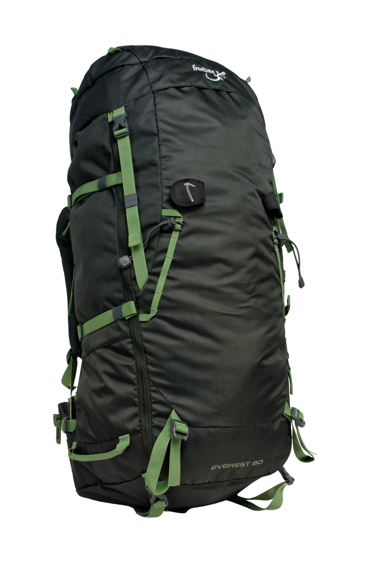 Sac de montagne Everest 80, génération 2.0, capacité 80 litres, gris foncé et sangles vertes, traitement hydrophobe sans PFAS, vue de 3/4