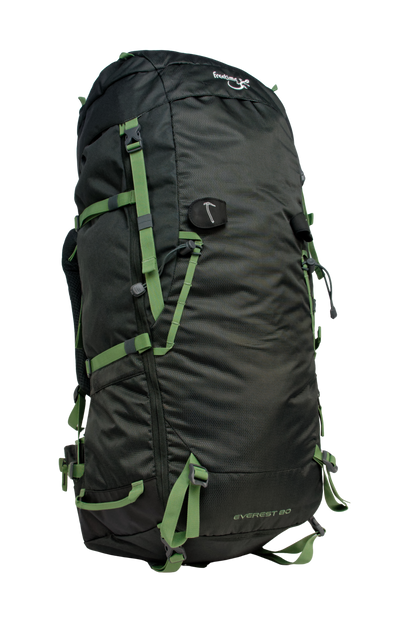 Sac de montagne Everest 80, génération 2.0, capacité 80 litres, gris foncé et sangles vertes, traitement hydrophobe sans PFAS, vue de 3/4