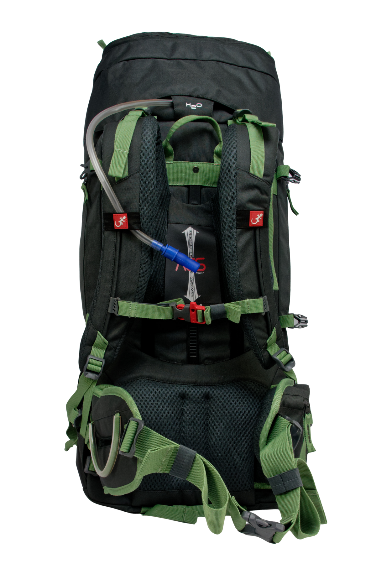 Sac de montagne Everest 80, génération 2.0, capacité 80 litres, gris foncé et sangles vertes, traitement hydrophobe sans PFAS, vue sur dos ultra réglable ACS