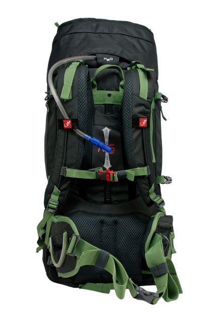 Sac de montagne Everest 80, génération 2.0, capacité 80 litres, gris foncé et sangles vertes, traitement hydrophobe sans PFAS, vue sur dos ultra réglable ACS