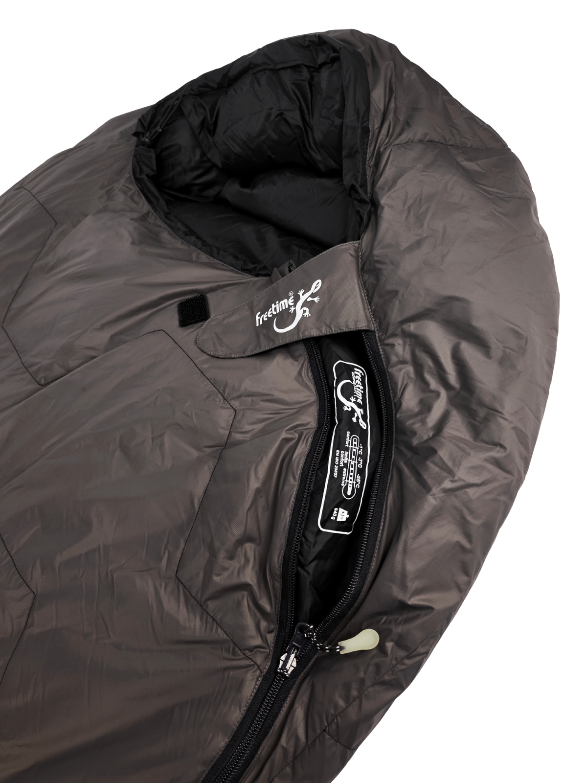Sac de couchage Lodenn, marque Freetime, duvet température confort -1°C pour moins de 1kg ! vue sur les performances thermiques et le zipper phosphorescent