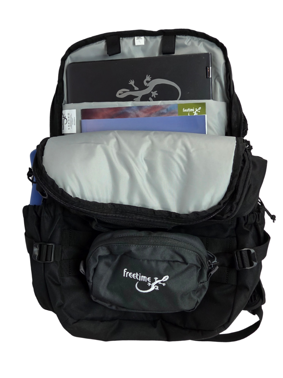 Sac d'évacuation Mangouste 32, marque Freetime, capacité 32 litres - sac noir avec système MOLLE et compartiment ordinateur, vue sur compartiment intérieur avec ordinateur 17 pouces
