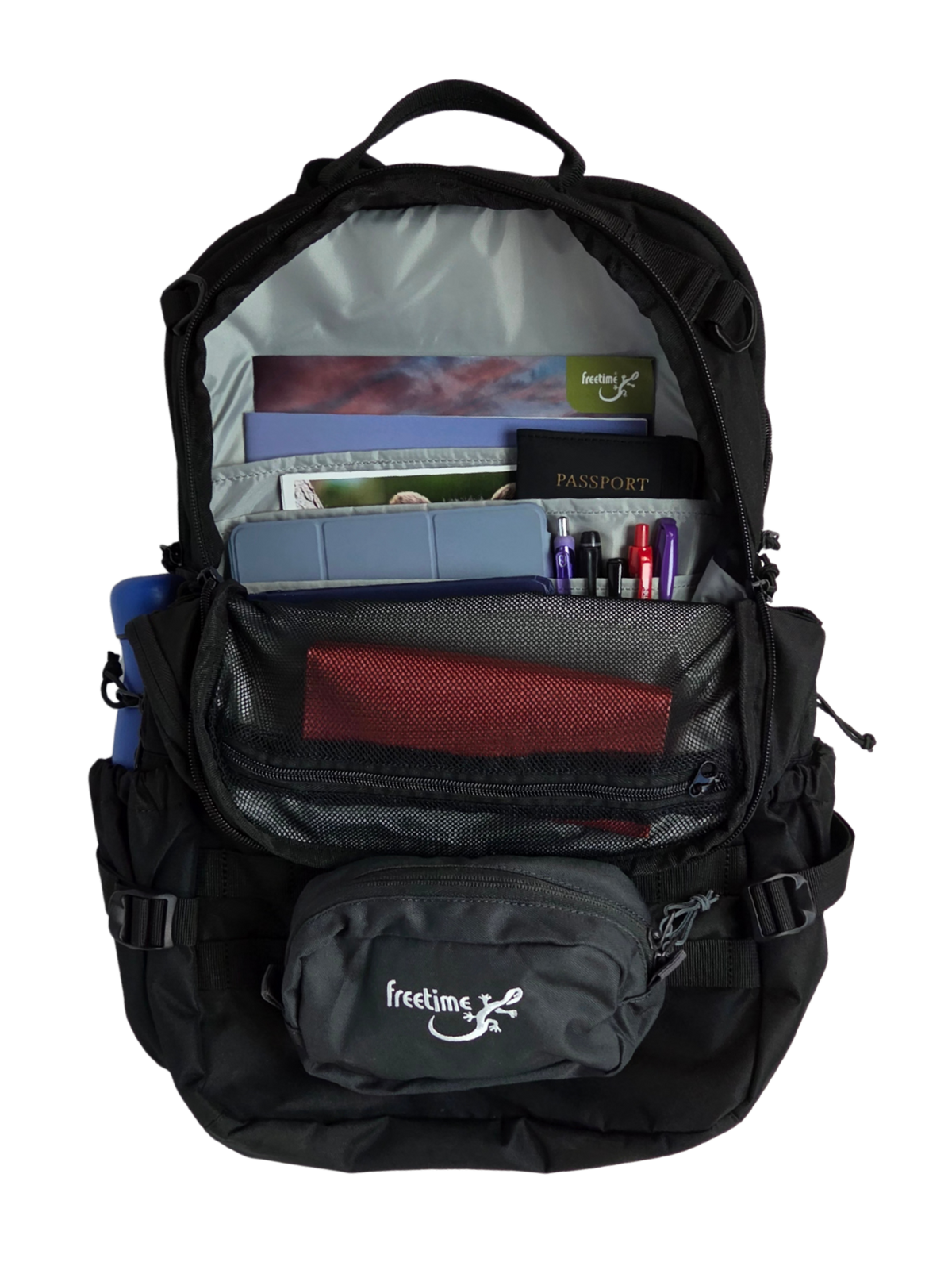 Sac d'évacuation Mangouste 32, marque Freetime, capacité 32 litres - sac noir avec système MOLLE et compartiment ordinateur, vue sur compartiment intérieur avec documents de travail
