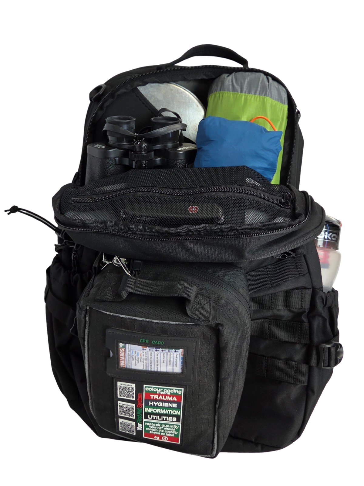 Sac d'évacuation Mangouste 32, marque Freetime, capacité 32 litres - sac noir avec système MOLLE et compartiment ordinateur, vue sur compartiment intérieur principal avec popote, jumelles, équipement de bivouac.