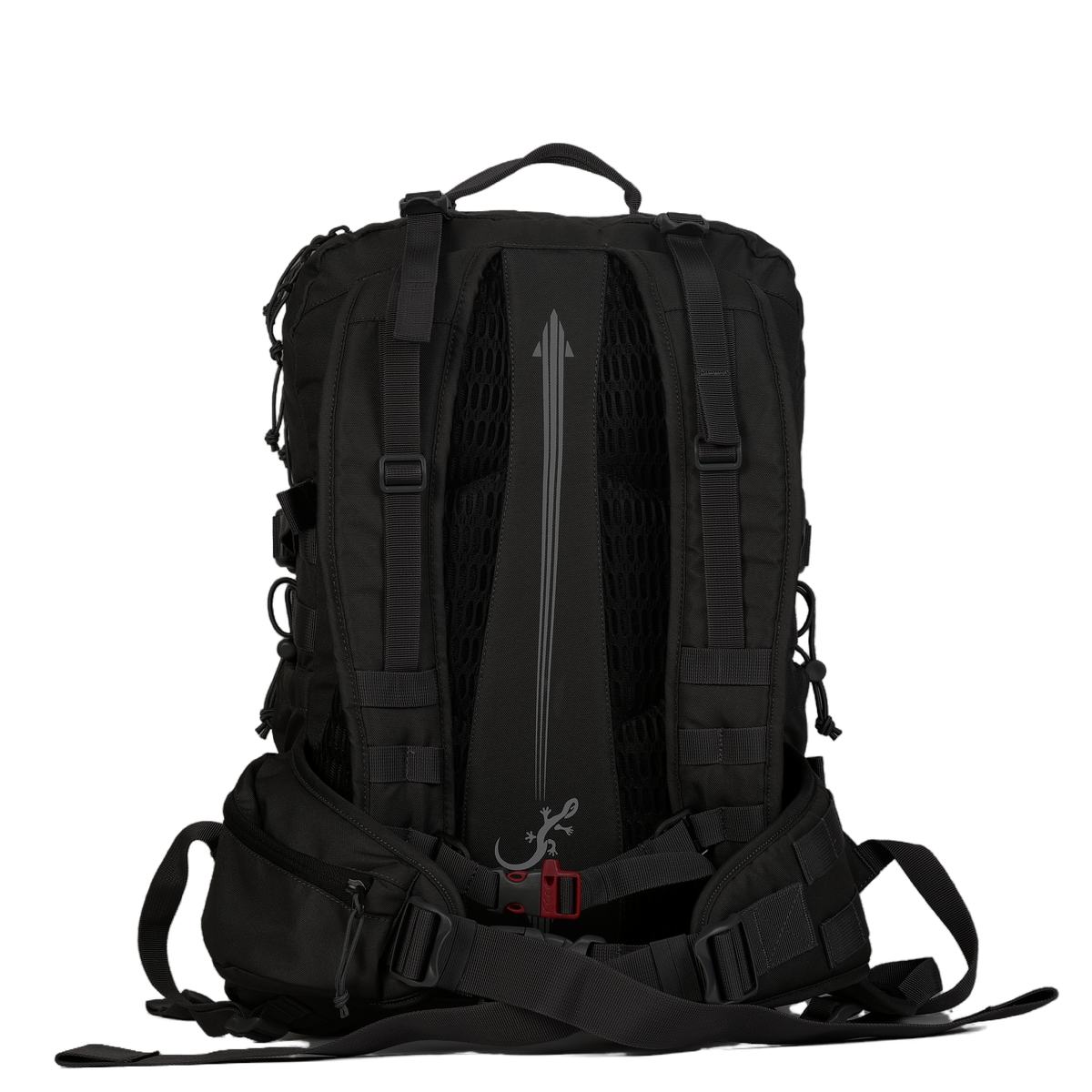 Sac d'évacuation Mangouste 32, marque Freetime, capacité 32 litres - sac noir avec système MOLLE sur l'avant et les bretelles, vue sur dos moussé unltra confort.