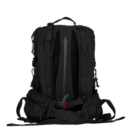 Sac d'évacuation Mangouste 32, marque Freetime, capacité 32 litres - sac noir avec système MOLLE sur l'avant et les bretelles, vue sur dos moussé unltra confort.